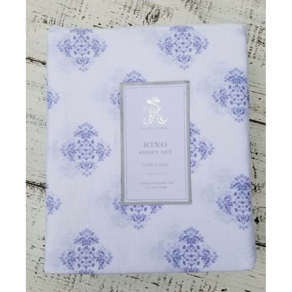 RACHEL ASHWELL White BLUE PURPLE Geometric Medallion Print Cotton KING SHEET SET